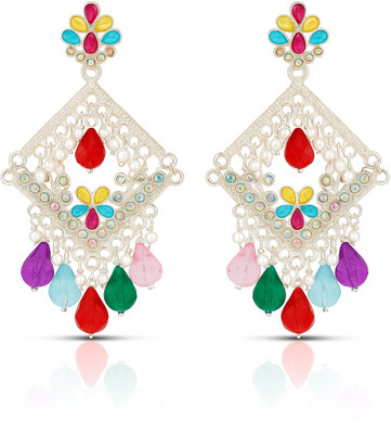 Zyra Jewelz Silver-Tone Ethnic Multicolor Stone & Pearl Dangle Earring, Designer Handcrafted Alloy Drops & Danglers