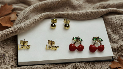 Shivanya Vogue Cherry Love Ball Premium Combo by Shivanya Vogue Stainless Steel, Enamel, Steel Stud Earring