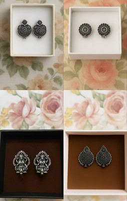 GanPatique Combo of 4 Small Silver Oxidised Stud Earrings Set for Women & Girls. Brass Stud Earring