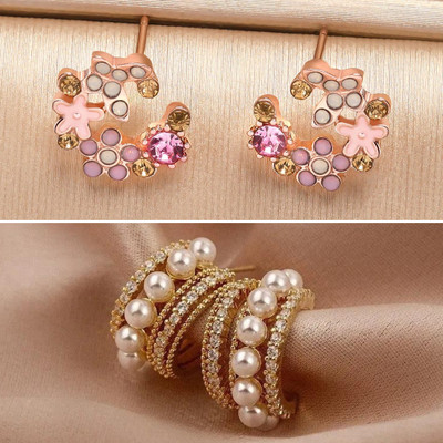 estailo fashion Blush Petal Pearl Hoops Earrings Alloy Earring Set