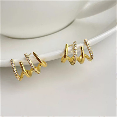 TVI Korean Golden Cubic Zirconia 4 Earring Effect Claw Earring For Women/Girls Cubic Zirconia Alloy Stud Earring