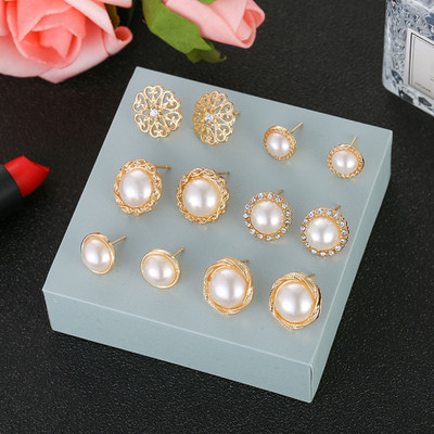 Vembley Combo of 6 Pair Golden Pearl Flower Round Stud Earrings For Women Cubic Zirconia Alloy Stud Earring