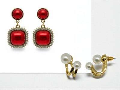 Darkleene Combo of 2 Korean Earrings – Red Stone & Pearl Design Pearl Stainless Steel Plug Earring