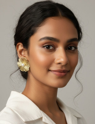 LOVIA BY HM GOLD METALLIC FLOWER KOREAN EARRINGS FOR WOMEN, STUDS, EARINGS FOR GIRLS Pearl Alloy Plug Earring, Stud Earring, Earring Set