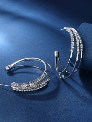 YELLOW CHIMES Silver Tone Triple Layered Crystal Studded Half Bali Clip On Hoop Earrings Crystal Metal Hoop Earring
