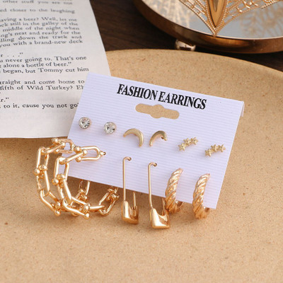 DESTINY JEWEL'S New Trendy Fashion Metal Stud Star and Moon Shaped 6 Pair Hoop Earrings Set Crystal Alloy Hoop Earring