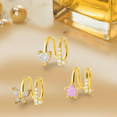 Bawree 3Pcs 18K Gold Plated White Stone Non Piercing Left Ear Cuff Metal Cuff Earring
