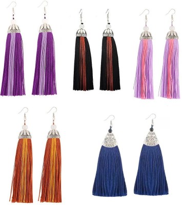 STRIPES Multicolor Silver Oxidised And Silk Tassel Long Dangle Earrings(Any 3 Pair) Fabric Drops & Danglers