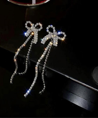 SashaJewelry Korean Sparkly Diamond/Rhinestone Bow Chain Tassel Earrings for Girls & Women Diamond Alloy Tassel Earring