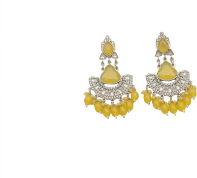 METROKARRT Traditional Yellow & Silver Jhumka Earrings for Women Cubic Zirconia Alloy Chandbali Earring