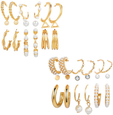 Vembley Combo of 18 Pair Studs and Pearl Hoop Earrings For Women And Girls Pearl Alloy Hoop Earring, Stud Earring