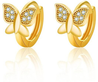 NBT Gold Plated American Diamond Studded Butterfly Shape Korean Hoop Earrings Alloy Hoop Earring, Stud Earring