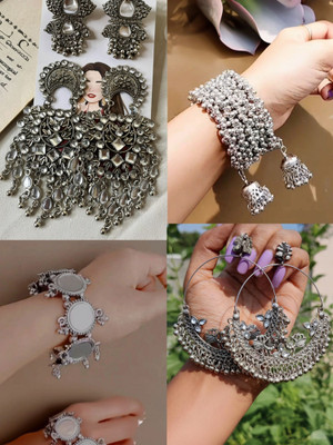 ISLANA Combo of 4 Oxidised Bracelet and Bangles and Earrings for Women & Girls Alloy Jhumki Earring