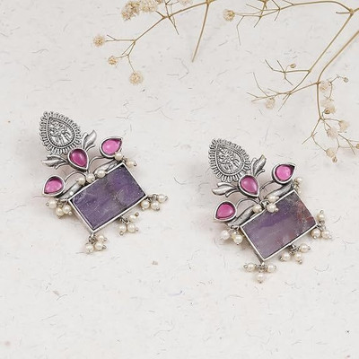 JEWILLEY Purple Silver Oxidised Stones & Beads Ishani Stud Earrings Brass Drops & Danglers