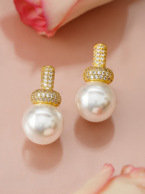 RUBANS 18K Gold-Plated White Pearl Drop Minimal Earrings with Cubic Zirconia Brass Drops & Danglers