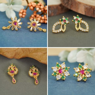 Dency Combo of 4 Gold Plated Earring Studs Best Quality Glossy Shine Crystal, Diamond Brass Stud Earring