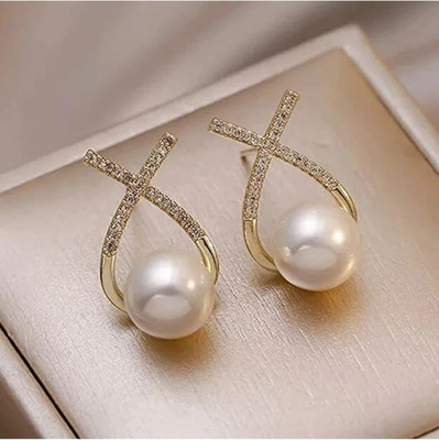 RISHASTYLE Gold plated with pearl earrings Zircon Alloy Stud Earring