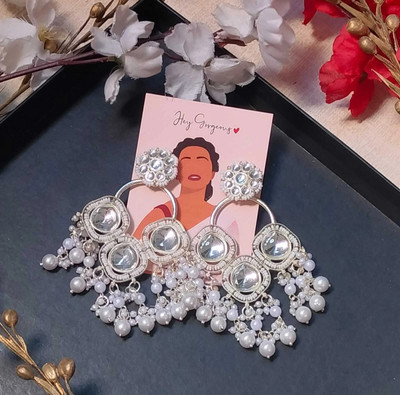 Nahmiz Trends Traditional Chandbali Kundan Pearl Beads Alloy Earring Set Pearl Brass, Alloy Jhumki Earring, Drops & Danglers, Plug Earring