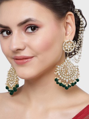 Karatcart Gold Plated Green Beads Kundan Kaanchain Earrings for Women Alloy Drops & Danglers