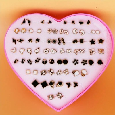 DIVINE 36 Pairs of Mix Design Earrings in a Pink Heart Shape Box for Girls, Women 1 Box Plastic Stud Earring