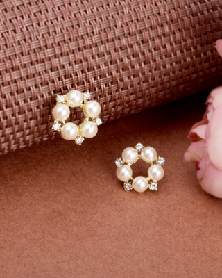 RN SHOPPING HUB Korean Elegant Pearl & Crystal Circular Stud Earrings with Gold-Tone Finish Beads, Pearl Alloy Stud Earring