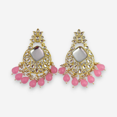 MAHAPATRA ASSOCIATES Kundan Mirror Chandbali Earrings With light Shade Pink Beads Stone Drops & Danglers