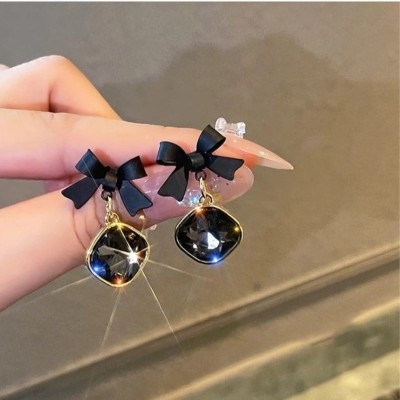 MAHADEV CREATION Bling Black Bow Earrings Crystal Alloy Stud Earring