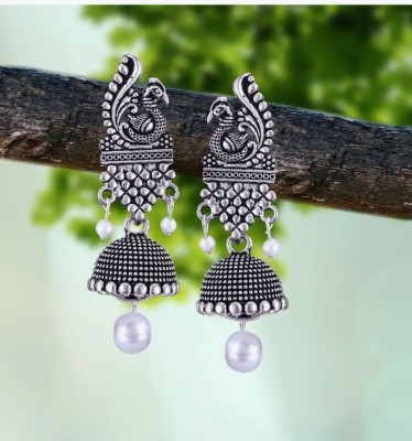 Misba Premium Collections Silver Oxidized Peacock Jhumka Earrings for Women | Timeless Ethnic Jewelry Pearl, Beads Alloy Jhumki Earring