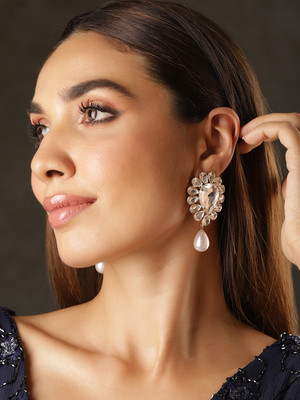 RUBANS Gold Plated AAA Zirconia Embellished Tear Shaped Dangle Earring with Pearl Drops Brass Drops & Danglers