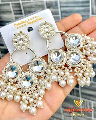 Vigilantee Jewels Kundan Pearl White Gold Plated Chandbali Earrings Set Beads, Pearl Stone, Brass, Stone Earring Set, Stud Earring, Chandbali Earring, Earring Set