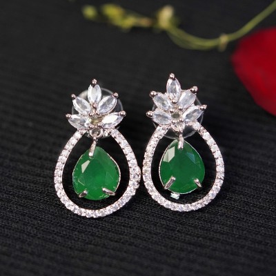 Zoey White Rhodium-Plated Dark Green American Diamond Drop Earrings Cubic Zirconia Brass Stud Earring