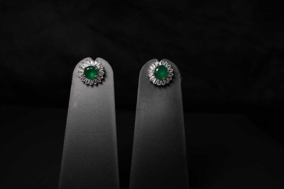 Monatii Silver Plated With American Diamond Round Shaped Green Stone Stud Earrings Brass Stud Earring