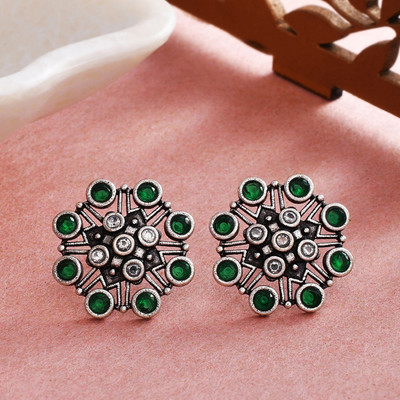 Voylla Abharan Green Round Cut Stones Stud Earrings Brass Drops & Danglers