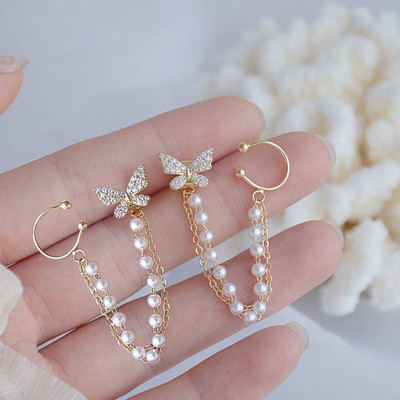 VISTA VENDORS Butterfly Double Chain Cuff Earrings with Pearl Detailing Pearl Alloy Cuff Earring