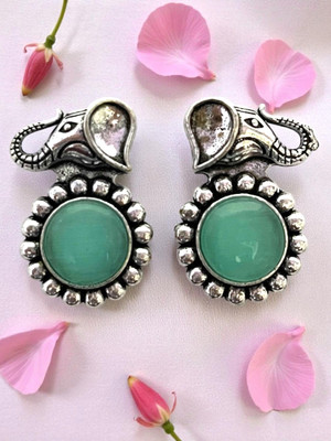 TANSUM COLLECTION Oxidised Silver Elephant Green Stone Stud Earrings for Women & Girls Beads Brass Stud Earring