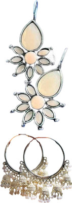 Hernger traders Flower_Kundan_Beige_01 & White_beads_s01_02 Cubic Zirconia Alloy Earring Set