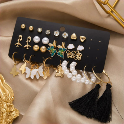 JDENTERPRISES Combo of 17 Pair Golden Butterfly Heart Stud/Tassel Pearl Hoop Earring For Women Cubic Zirconia Alloy Stud Earring