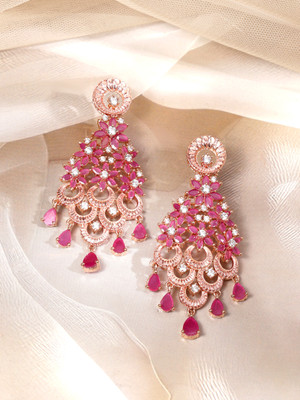 RUBANS 18K Rose Gold-Plated Ruby Pink & White CZ Floral Cascading Chandelier Brass Drops & Danglers