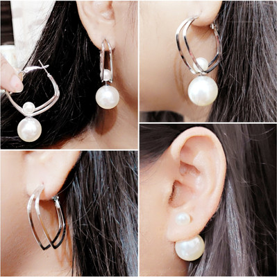 somyazz collection KOREAN WOMEN /GIRLS 3 IN 1 EARRINGS STUD DROP & DANGLE HOOP SLIVER EARRINGS Pearl Metal, Alloy Hoop Earring, Stud Earring, Drops & Danglers, Earring Set