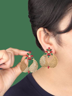 Dreamish Imitation Stylish Gold Plated Kundan Studded Beads Drop Danglers Chandbali Earrings Cubic Zirconia Brass Drops & Danglers