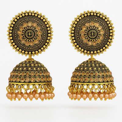 ONLINE_ESHOP Online_Eshop™ Traditional Antique Pearl Beaded Dome Shaped Drop Design White Zircon Brass Jhumki Earring