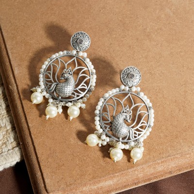 Teejh Vintage Silver and Pearl Chandbali Alloy Chandbali Earring