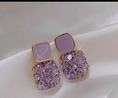 LITTLE JEWELS Korean Style Purple Crystal Square Earring Stainless Steel Drops & Danglers