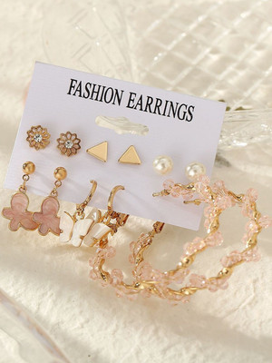 Dressberry Combo Of 6 Pair Gold Plated Flower Stud And Butterfly Hoop Earrings For Women Pearl Alloy Hoop Earring