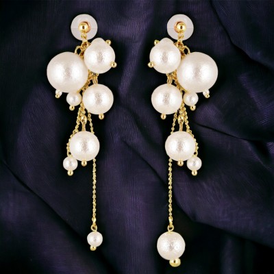 Lucky Jewellery Designer White Color Pearl Chain Fringe Dangle Earrings For Girls & Women Pearl Alloy Tassel Earring