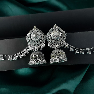 Rumee Oxidized Silver Jhumka Earrings with Ear Chain Alloy Earring Set