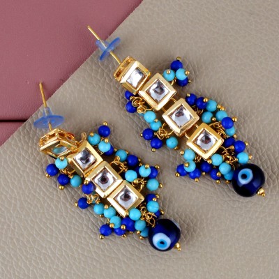 Lucky Jewellery Traditional Back Meenkari Gold Plated kundan Blue Earrings for Girls & women Beads Alloy Drops & Danglers