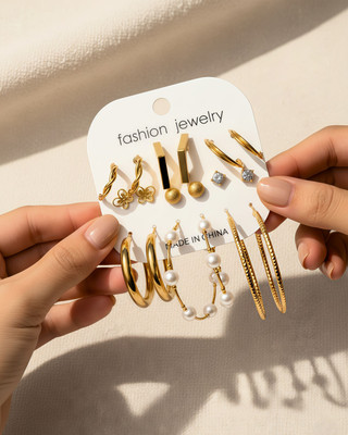 GHARANA BY ALISHYAANA Combo 9 Pair Gold Plated Korean Earrings Set for Women & Girls Alloy Hoop Earring
