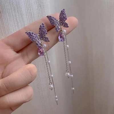 pas purple butterfly drop earring with pearls Beads, Pearl, Cubic Zirconia Alloy Plug Earring, Earring Set, Rhinestone Studs, Drops & Danglers