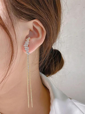 Dressberry Korean 2Pcs/Set Long Double Chain Crystal Zircon Studded Tassel Earrings Cubic Zirconia Alloy Drops & Danglers